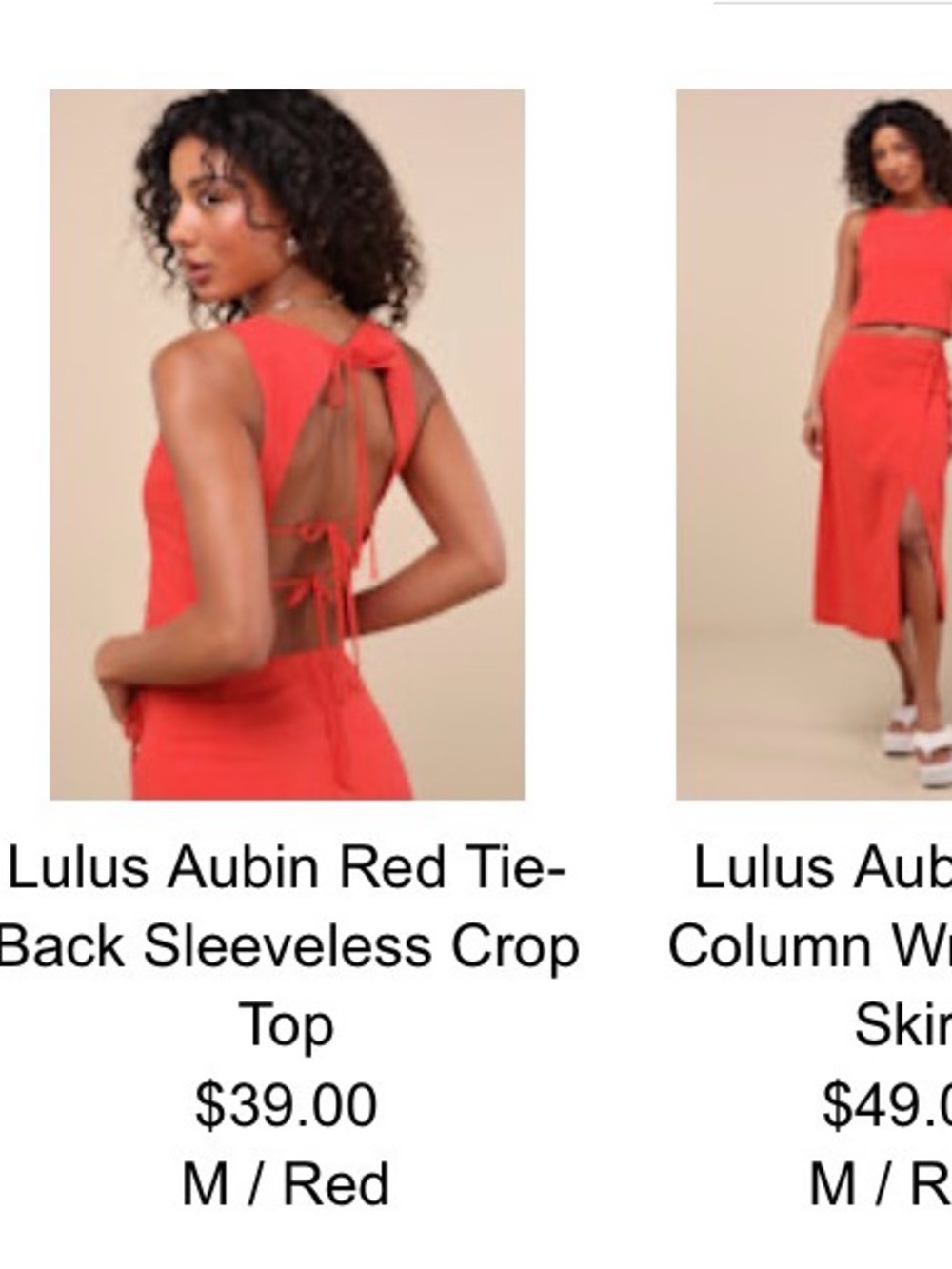 Lulu's Red Backless Tie-Back Crop Top and skirt